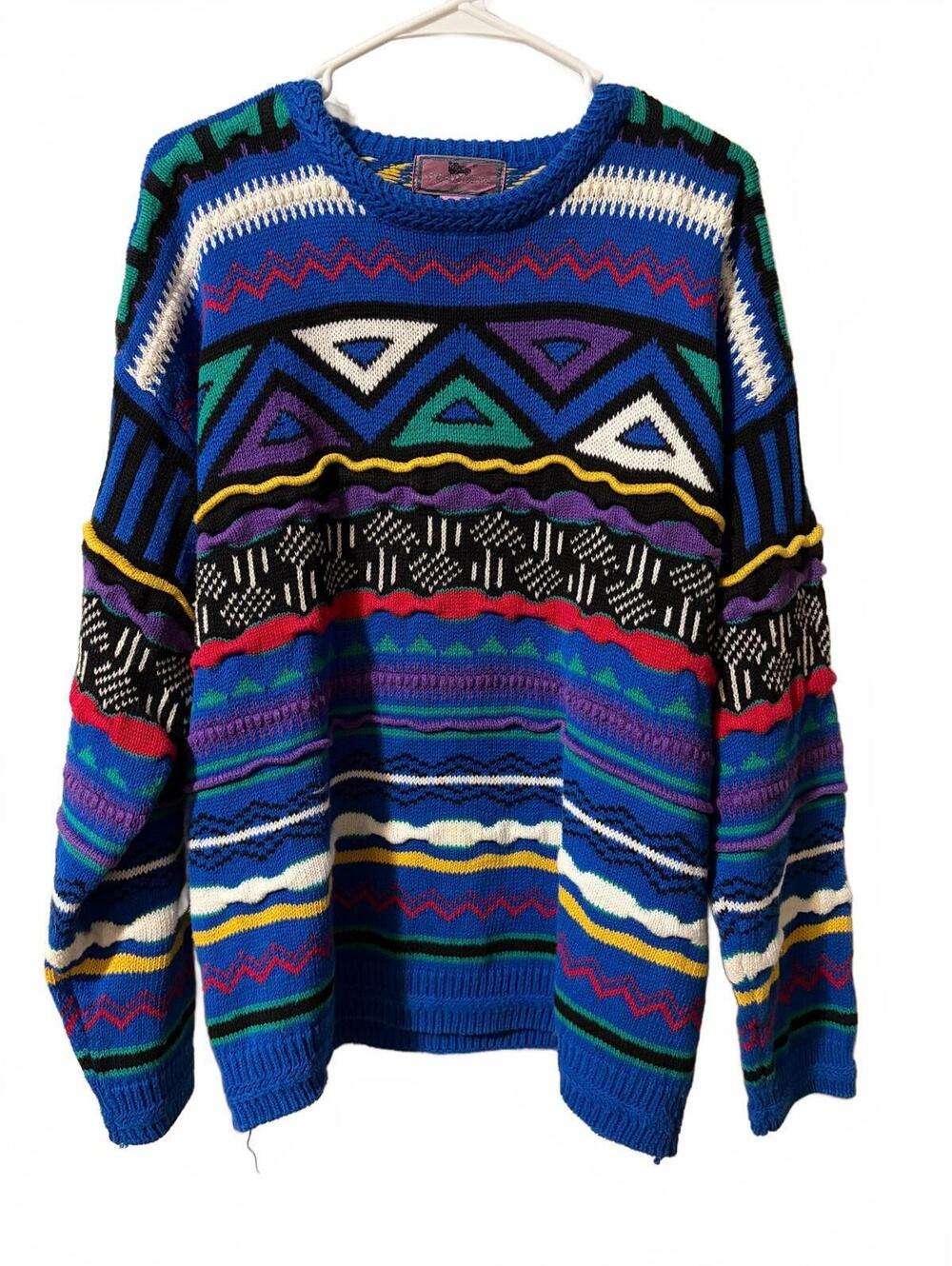 Vintage Concrete Mix Sweater Mens M Multicolor Geometric 3D Chunky Knit Crewneck